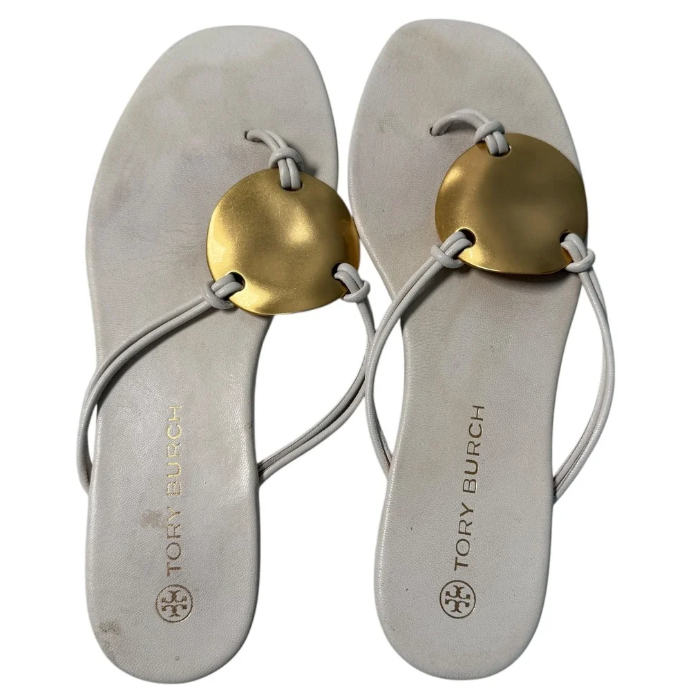 Tory Burch Patos Disk Leather Sandal Ivory Leather Gold Logo White Thong Size 8M